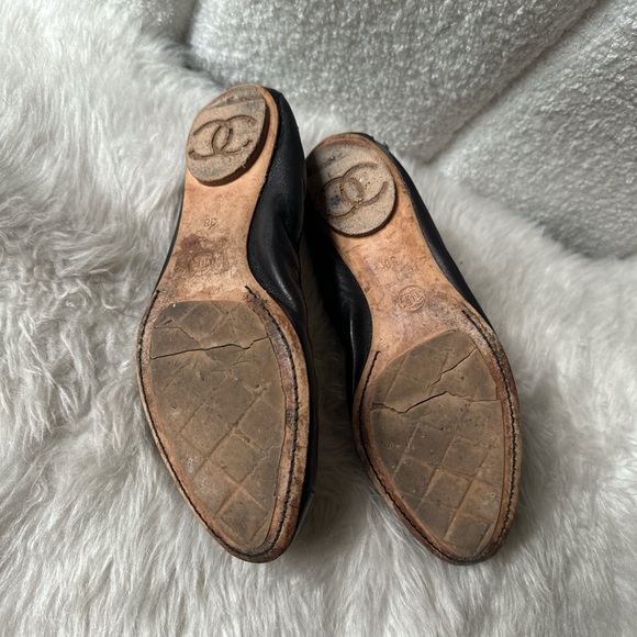 CHANEL Y2k Karl Lagerfeld Black Leather Cap Toe CC Logo Embroidered Ballet Flats - Picture 5 of 5